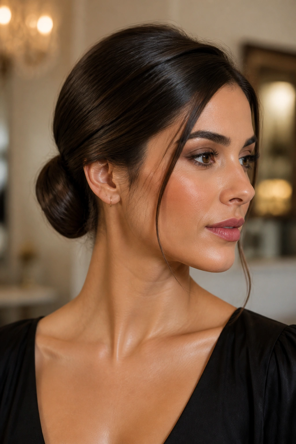 Close-up of a real woman with a sleek low bun and face-framing pieces