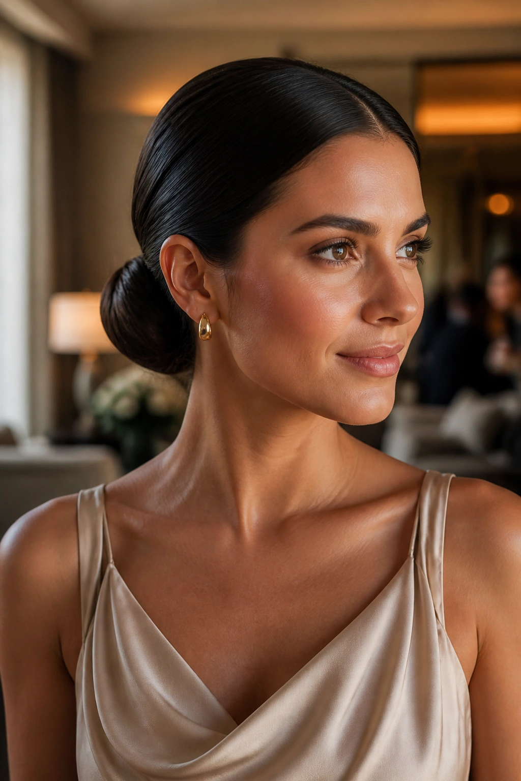 Close-up of a real woman wearing a Sleek Low Bun in a warm wedding venue