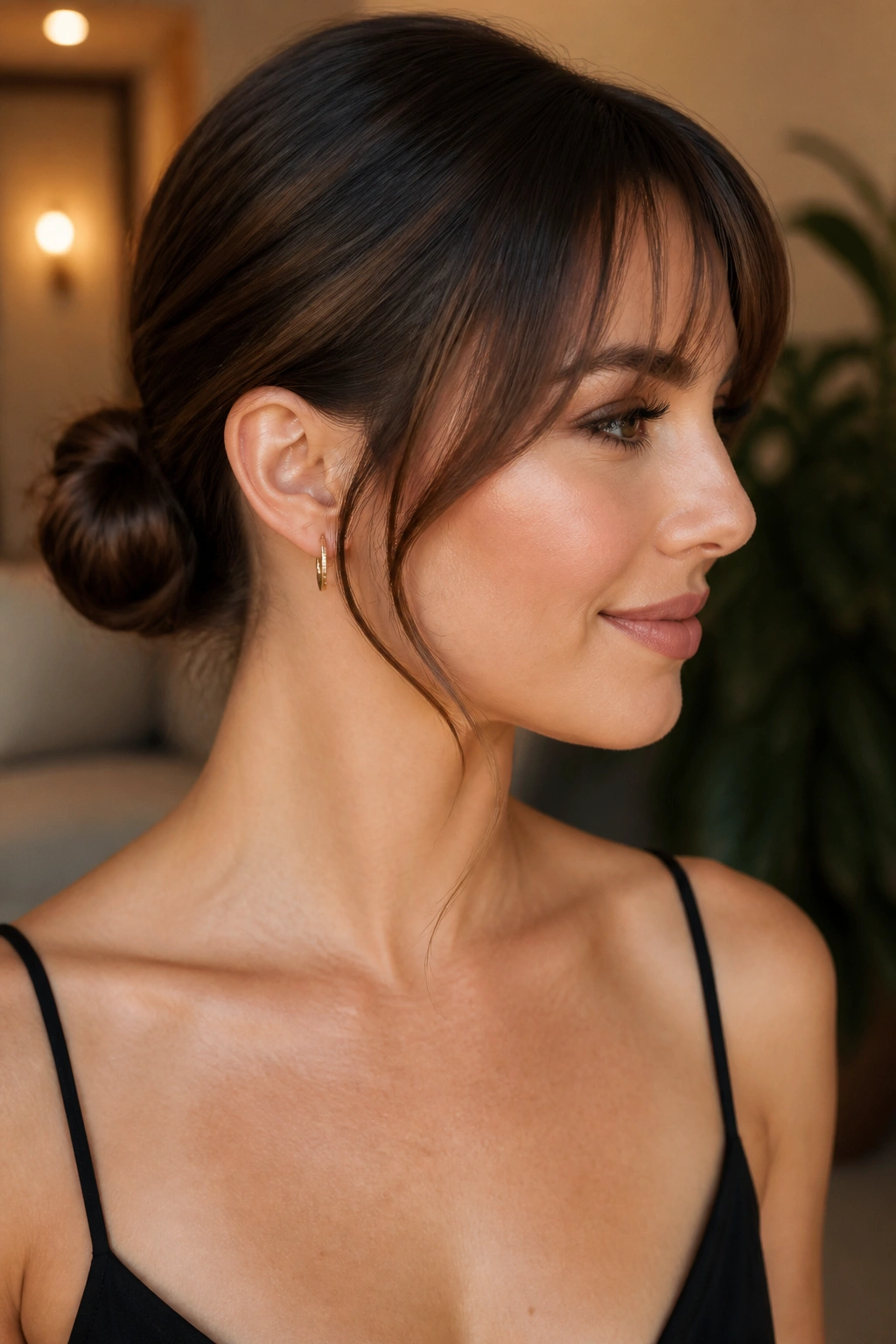 Portrait of a woman with a sleek low bun and wispy bangs