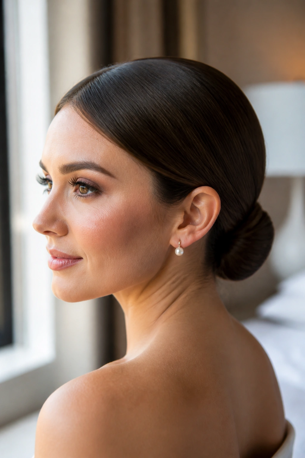 Close-up of a real woman with a sleek low chignon at the nape in window light
