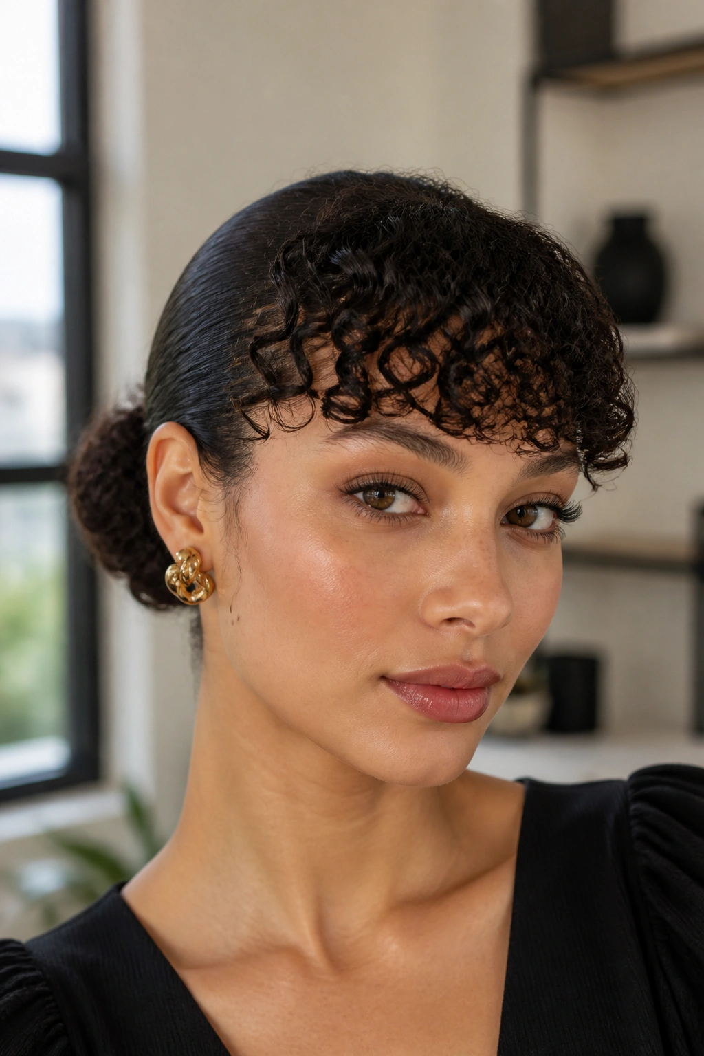 Close-up of a real woman with a sleek low knot and blunt curly bangs.