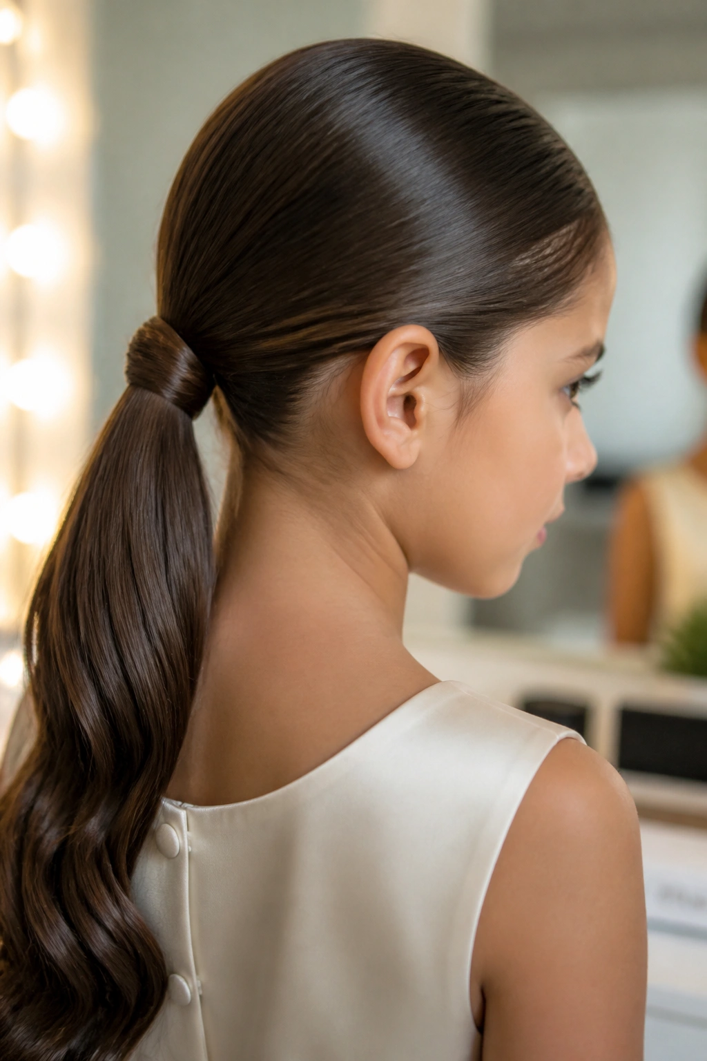 Close-up of real junior bridesmaid with a sleek low ponytail and wrapped base.
