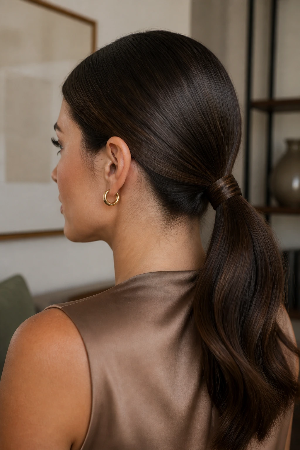 Close-up of real woman with sleek low ponytail wrapped base