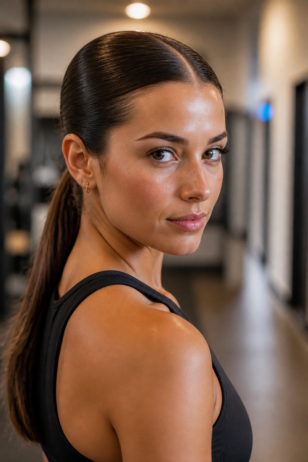 Close-up of a real woman with a sleek low ponytail and center part in a gym
