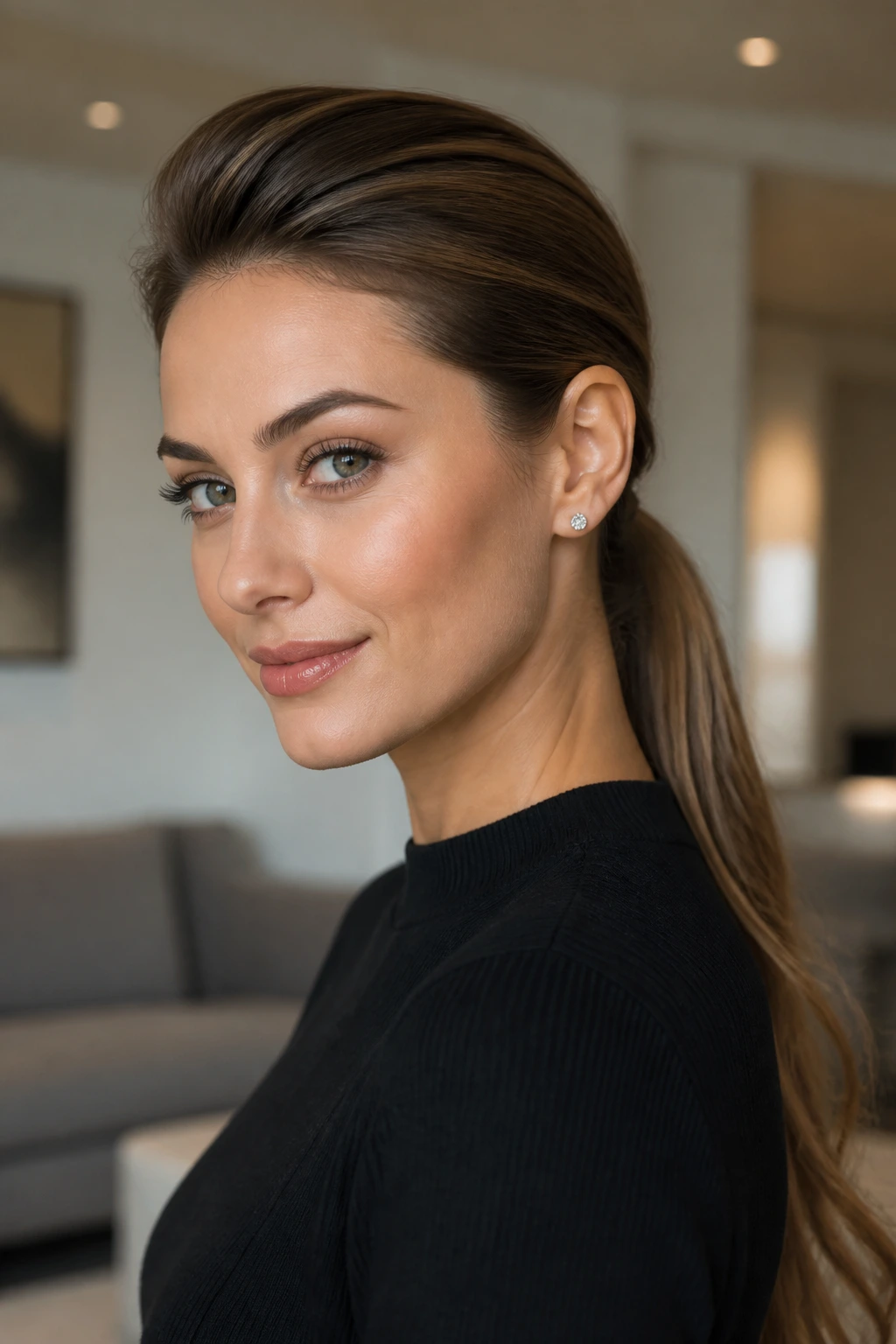Real woman with sleek low ponytail and crown volume in a modern interior