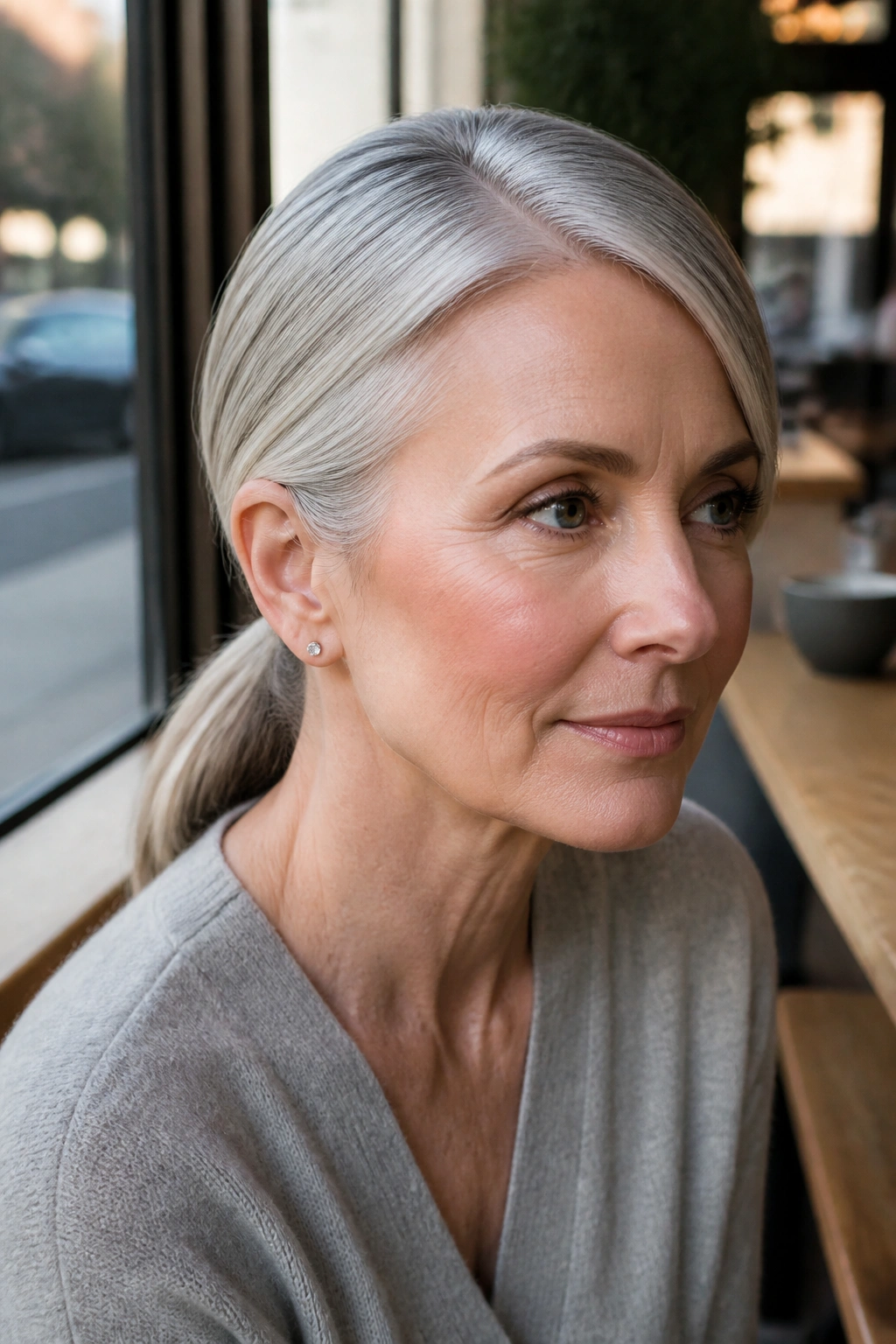 Close-up of a gray-haired woman with a sleek low ponytail and deep side part