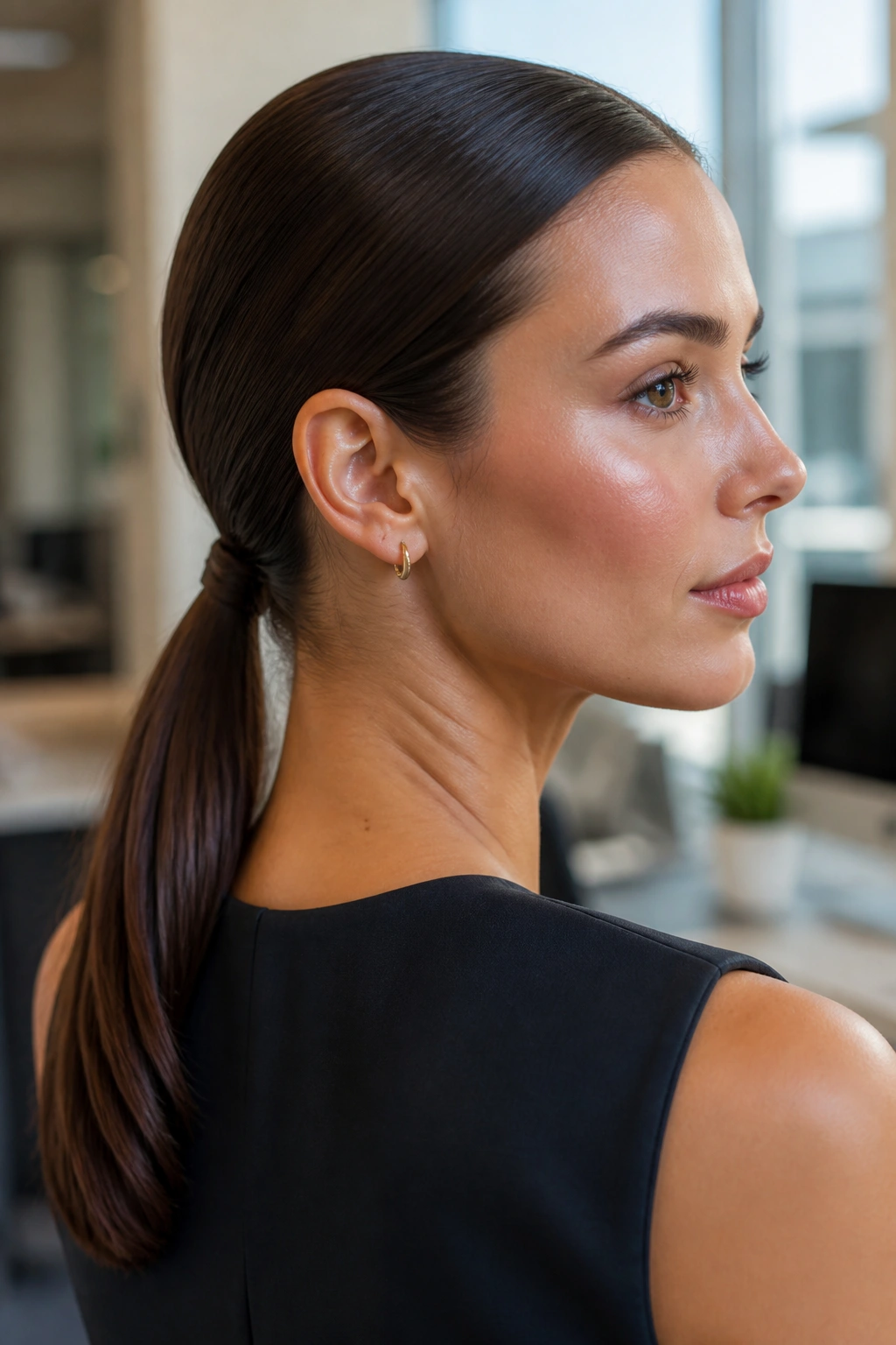 Close-up of a real woman with a sleek low ponytail at the nape