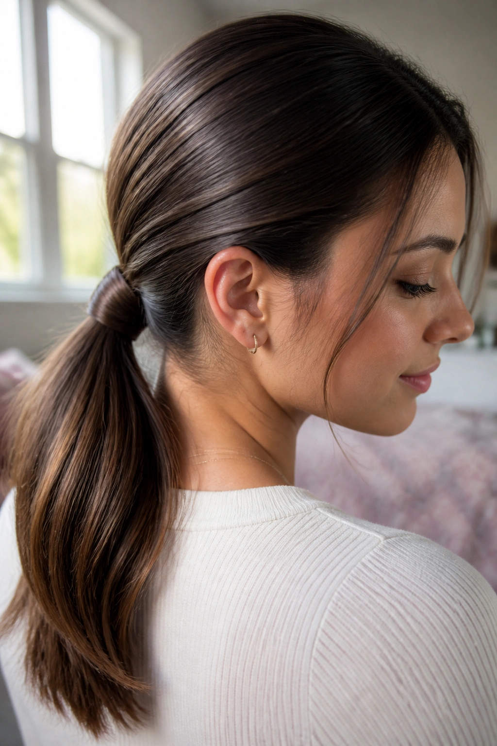 Close-up of a real person with a sleek low ponytail wrapped at the nape