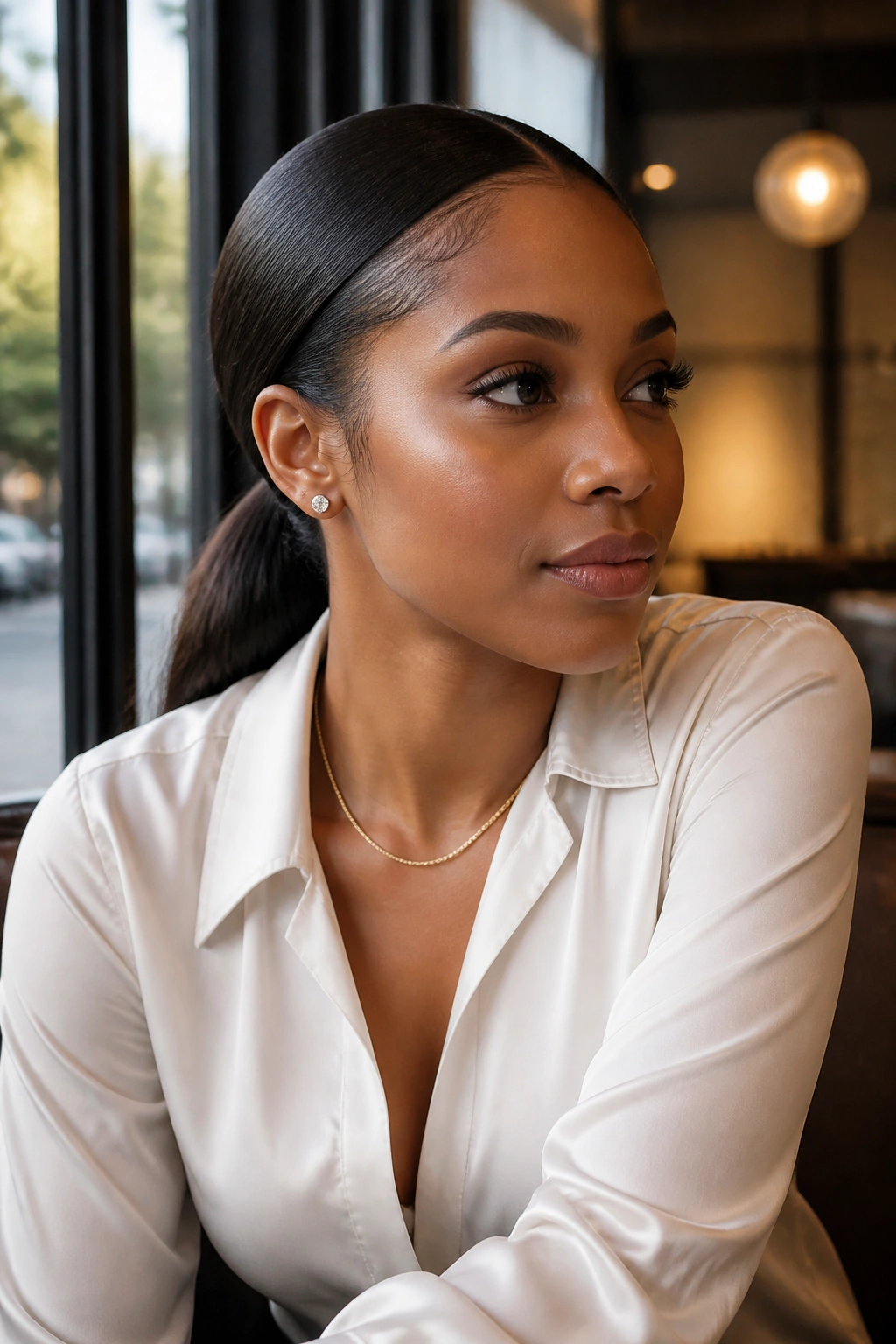 Close-up of a real woman with Sleek Low Ponytail With Polished Ends