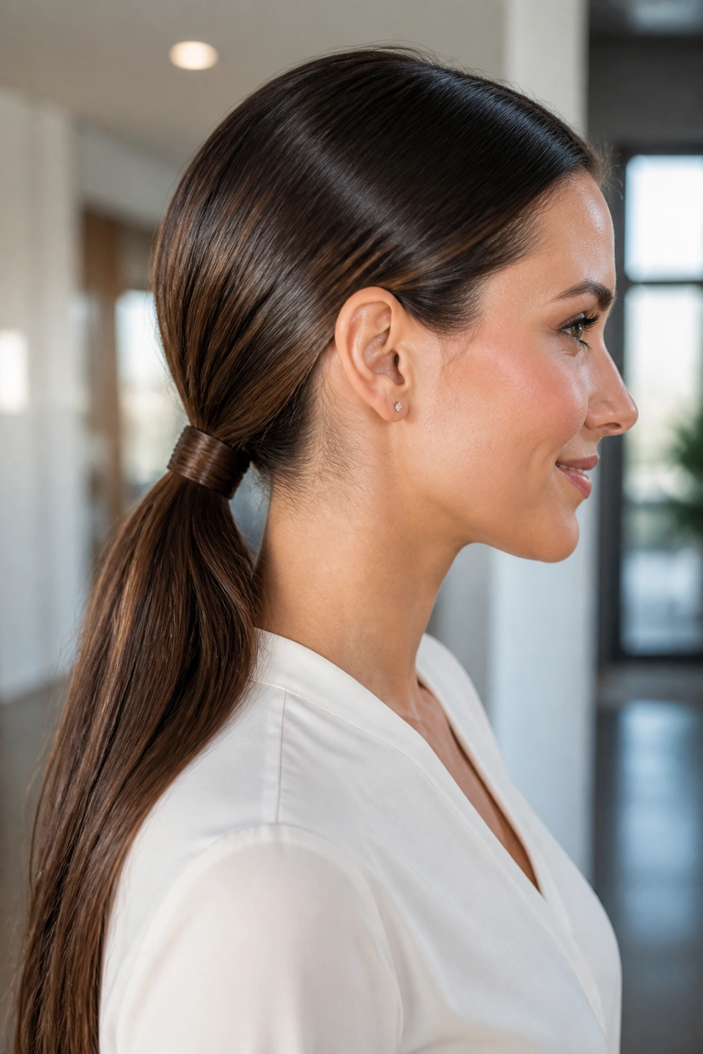 Close-up of a real woman with a sleek low ponytail wrapped base in daylight