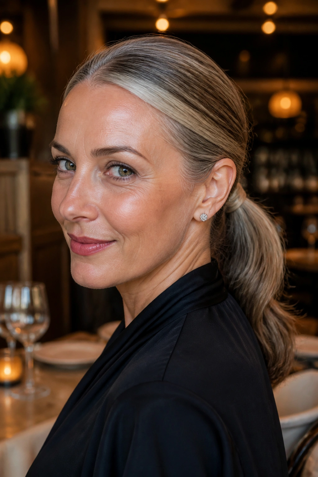 Woman with sleek low ponytail and wrapped base at the nape, highlighting the wrapped hair.