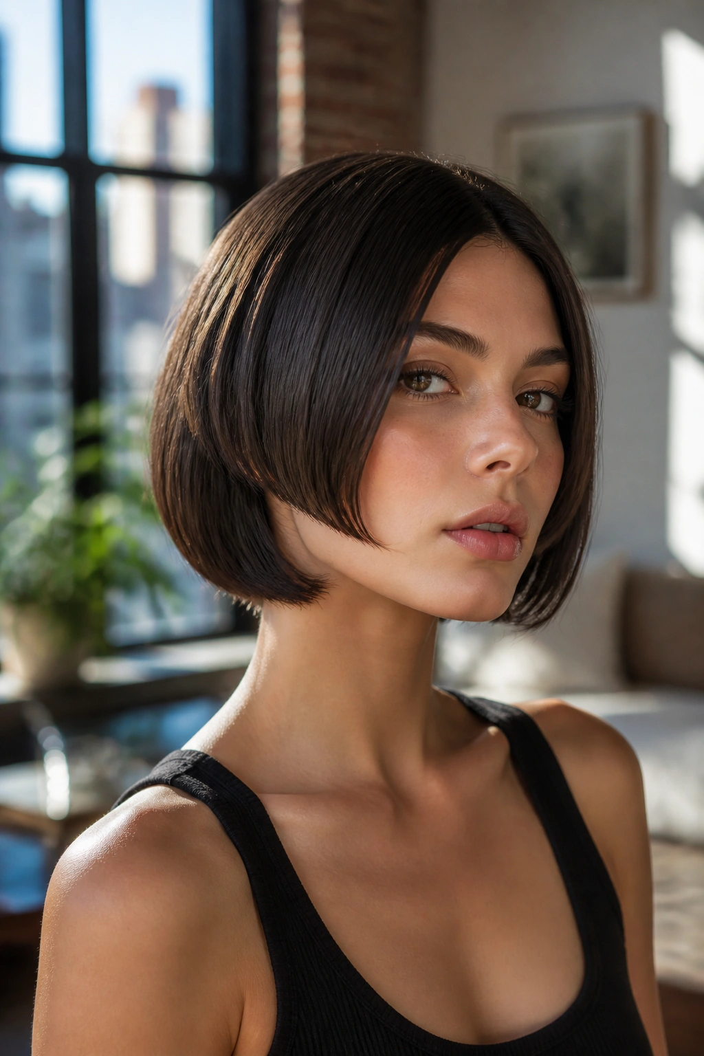 Close-up of a real person with a sleek micro bob and visible underlayers in bright window light.