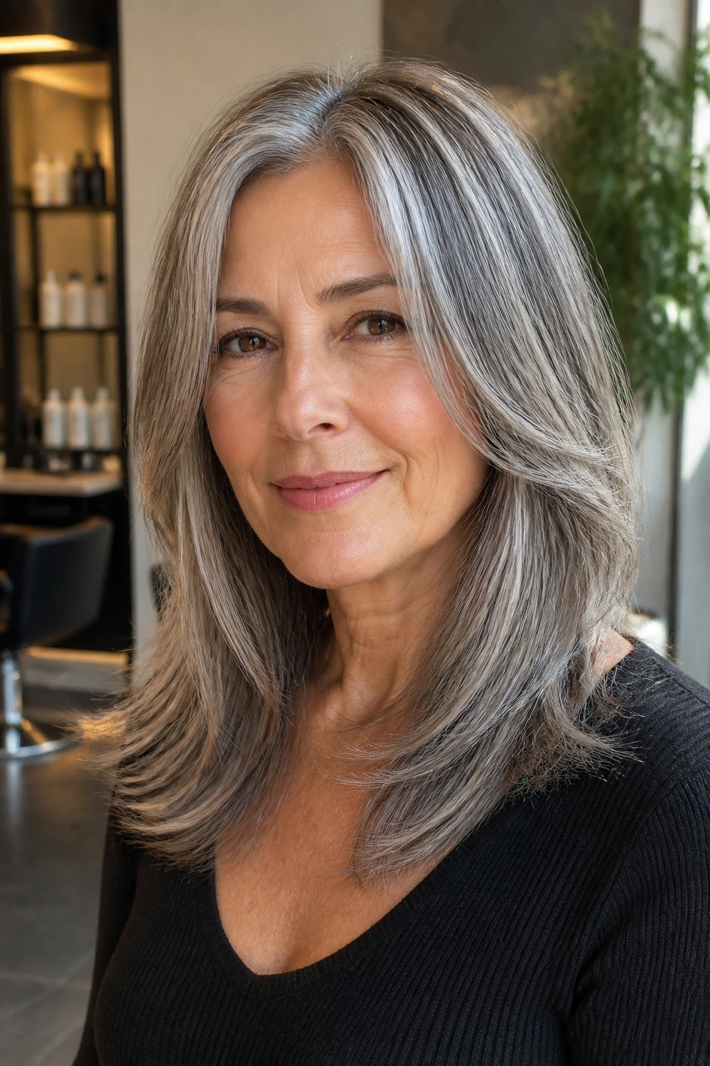 Portrait of a real woman with sleek mid-length layers in salt-and-pepper hair.