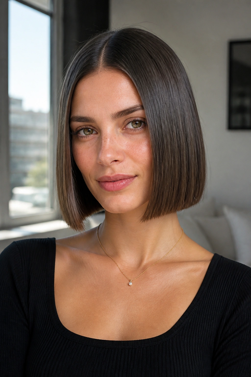 Close-up portrait of a real woman with a sleek middle-part Italian bob.