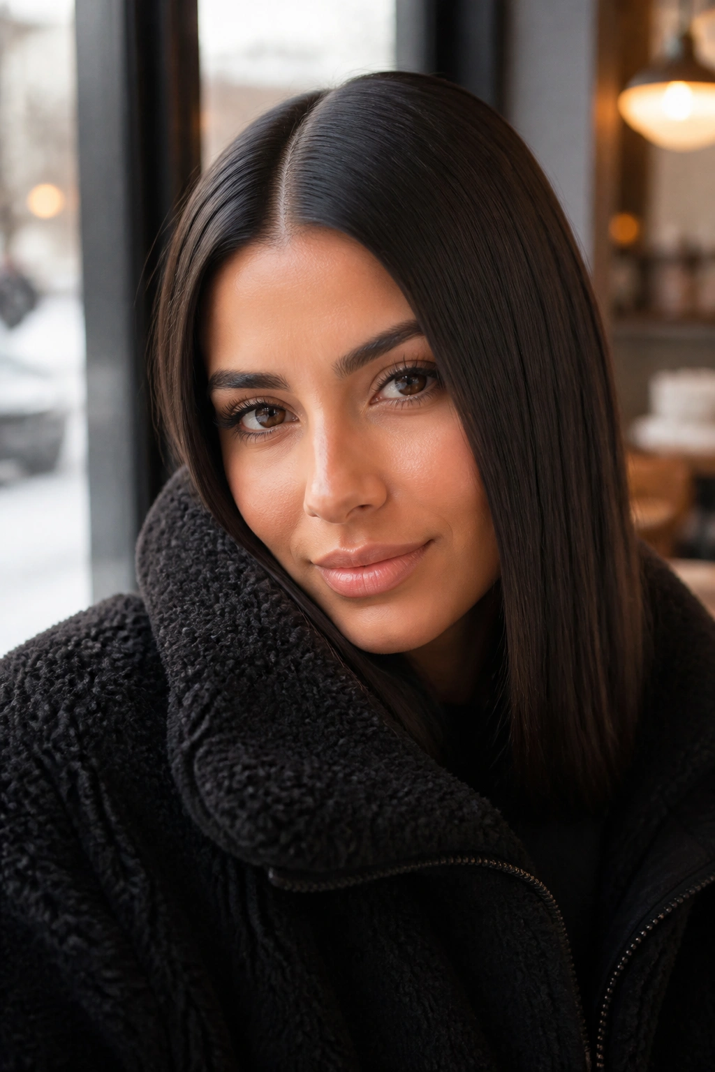 Close-up of a woman with sleek middle-part straight hair in winter light
