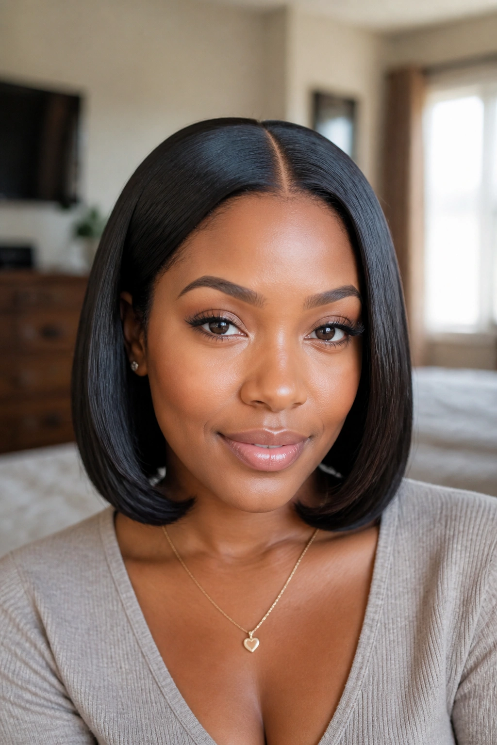 Close-up portrait of a real Black woman with a sleek center part and tucked ends in glossy hair.
