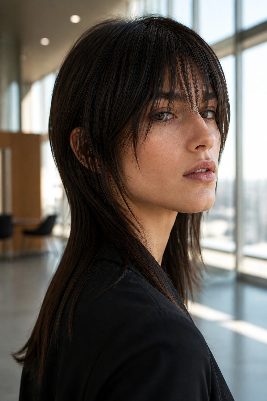 Close-up portrait of a real person with sleek straight long shag mullet in a bright office setting.