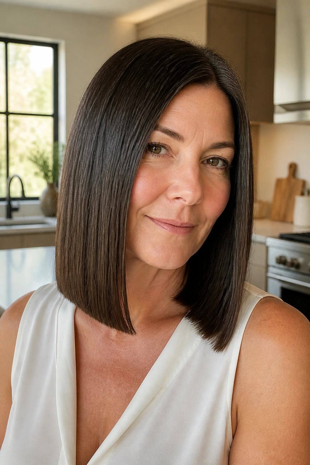 Real woman with sleek one-length haircut in bright kitchen