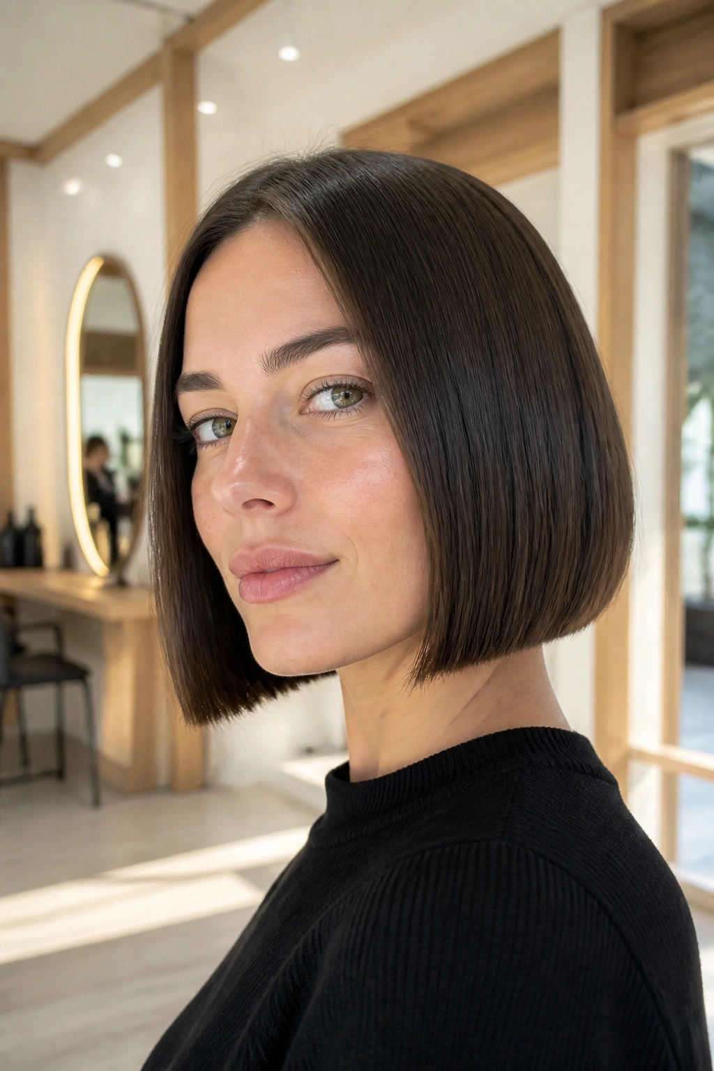 Real woman with sleek Paris bob in a bright salon