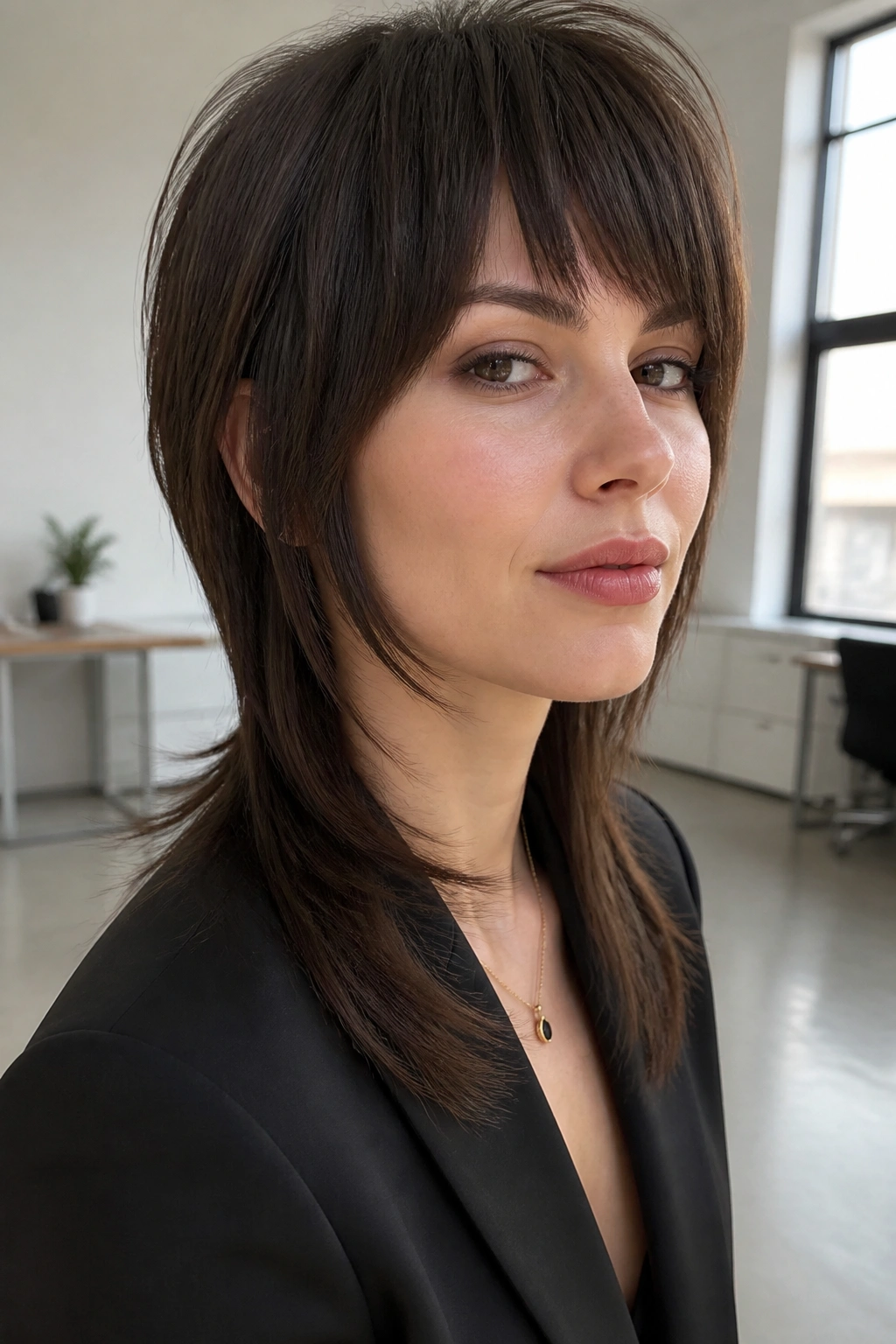 Close-up portrait of a real woman with sleek mullet shag and clean perimeter in bright office light