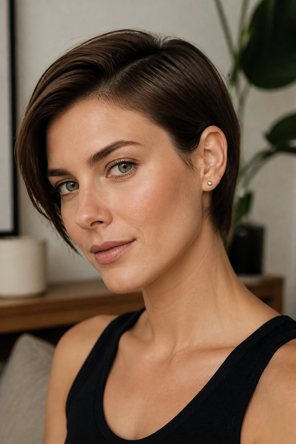 Portrait of a real woman with a sleek long pixie tucked behind the ear in natural light