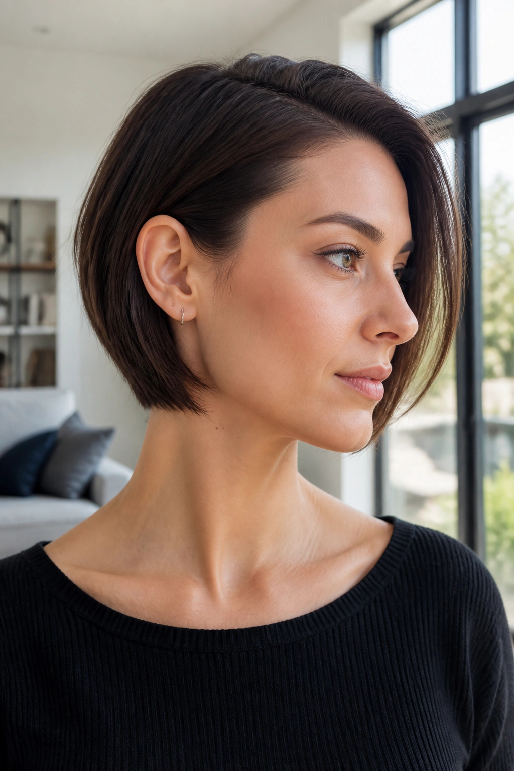 Portrait of a woman with sleek long pixie bob tucked behind the ear.