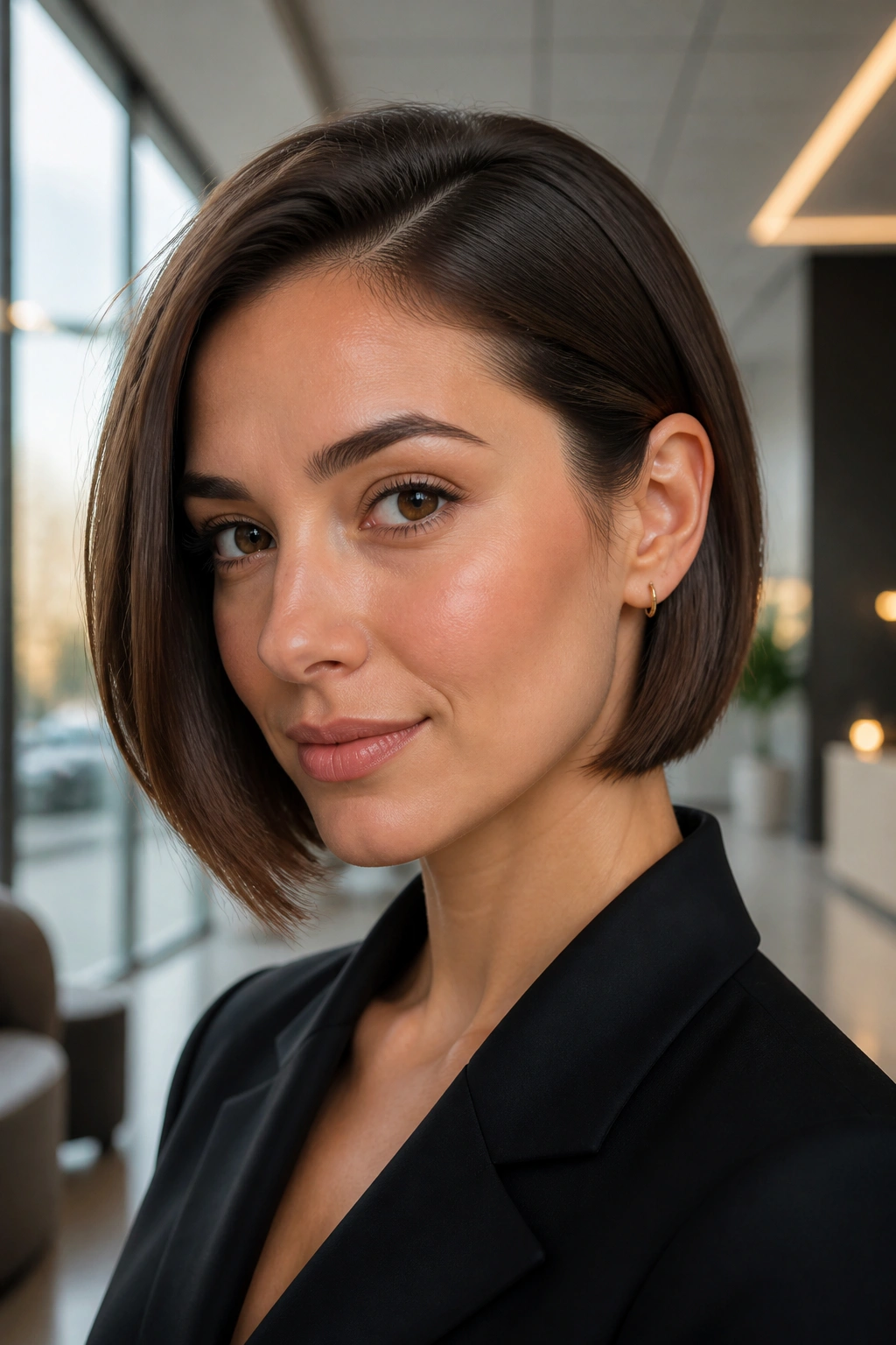 Close-up of a real woman with Sleek Tucked-Behind-the-Ear Long Pixie Bob tucked behind the ear