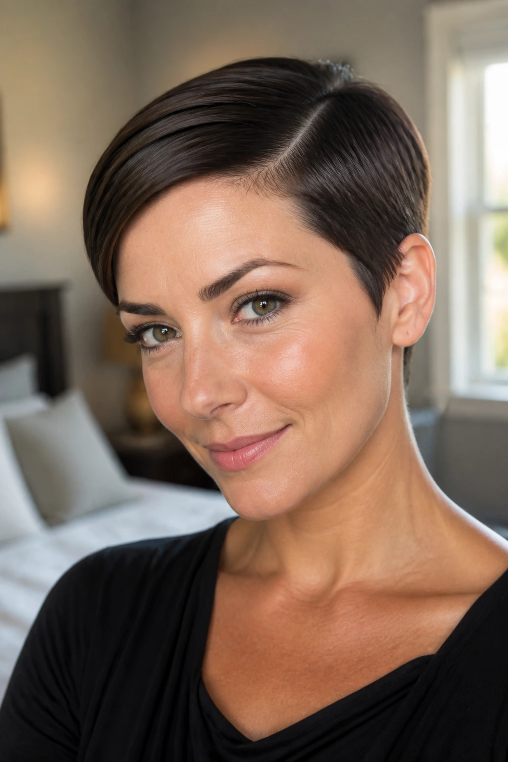 Close-up portrait of a real woman with a sleek side-part pixie cut, crisp part and polished finish.