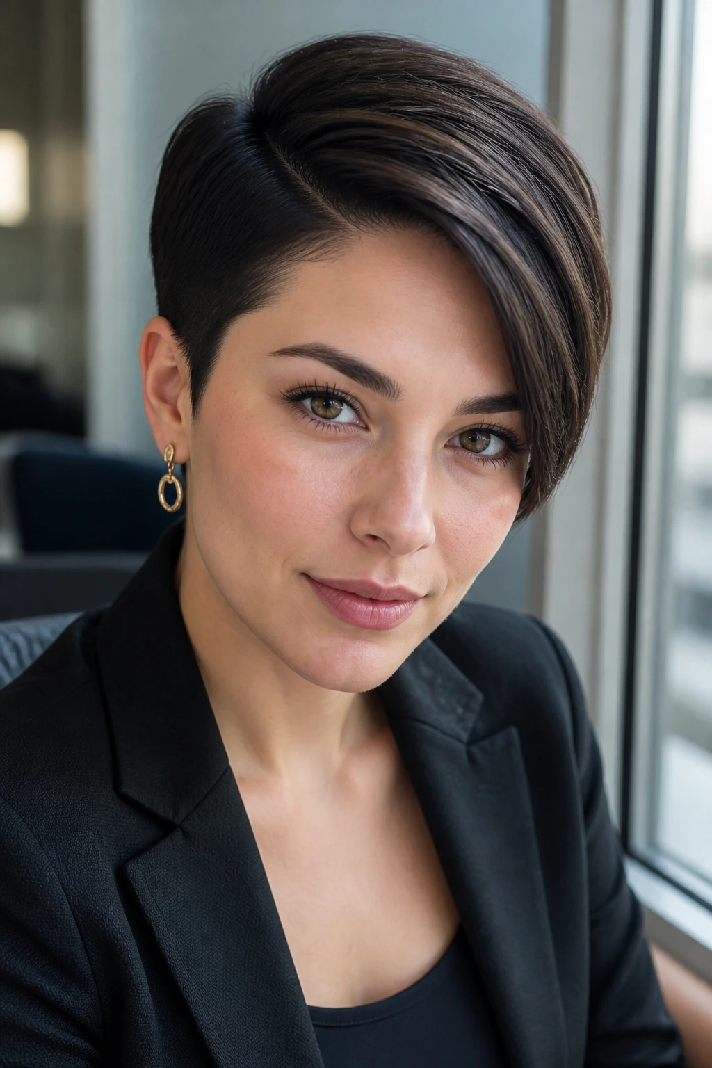 Close-up portrait of a real woman with a sleek long pixie and a deep side part