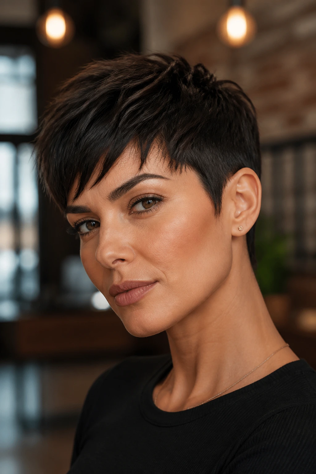 Real woman with sleek pixie cut and piecey texture on top