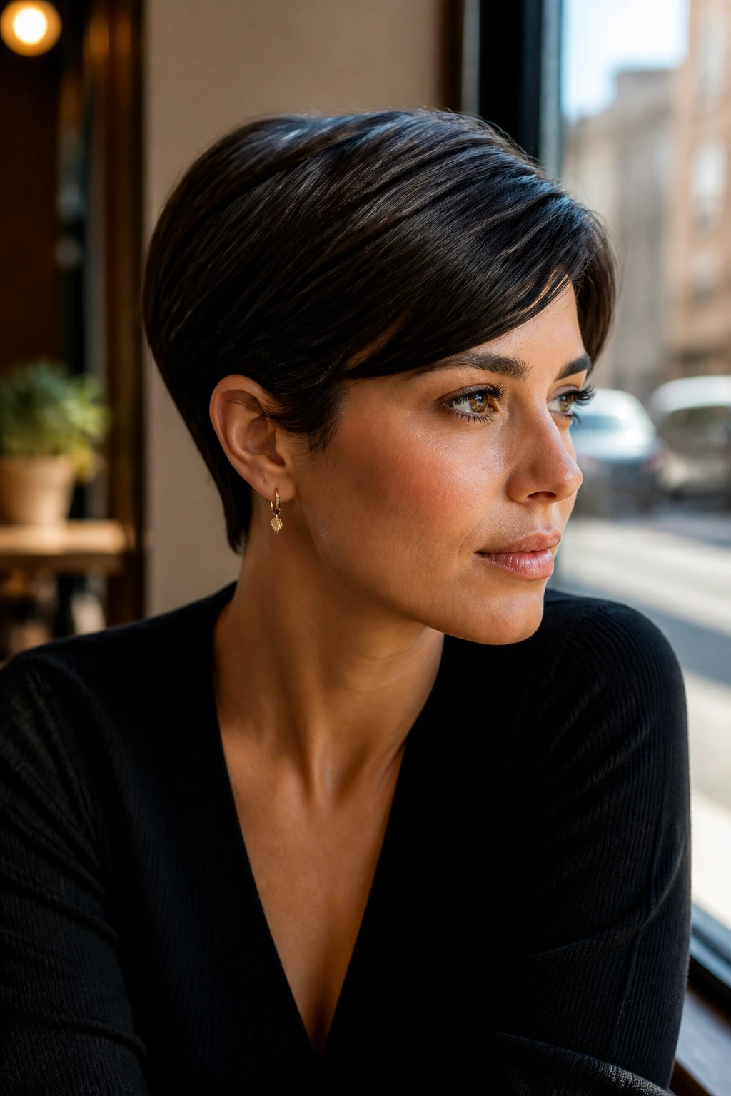 Close-up of a real woman with Sleek Italian-Inspired Pixie showing deep side part and smooth top