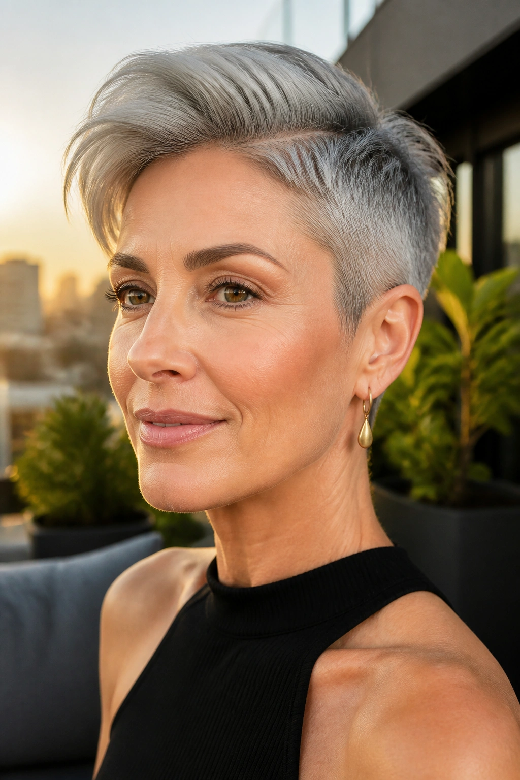Close-up portrait of a real woman with a sleek pixie and long top in golden hour light