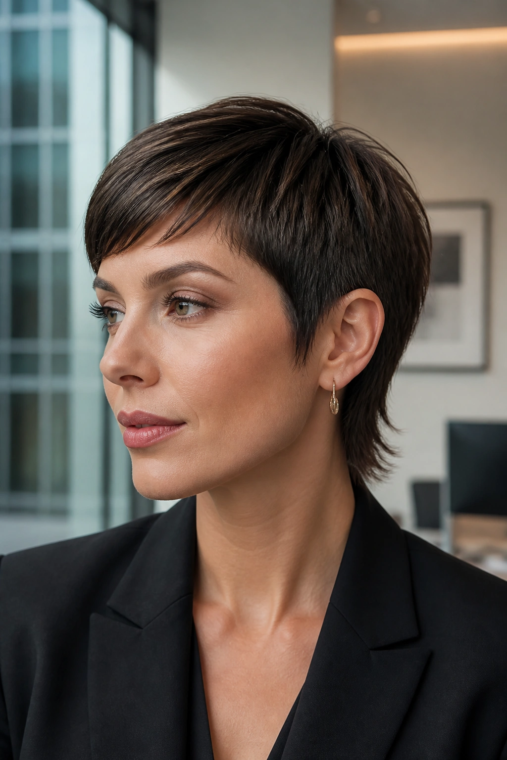 Close-up of a real woman with a sleek pixie mullet in an office setting