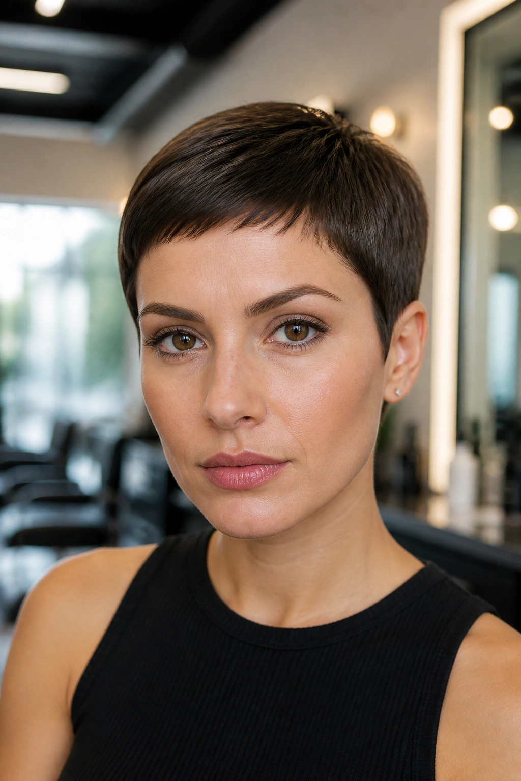 Close-up portrait of a real person with a sleek close-cropped pixie