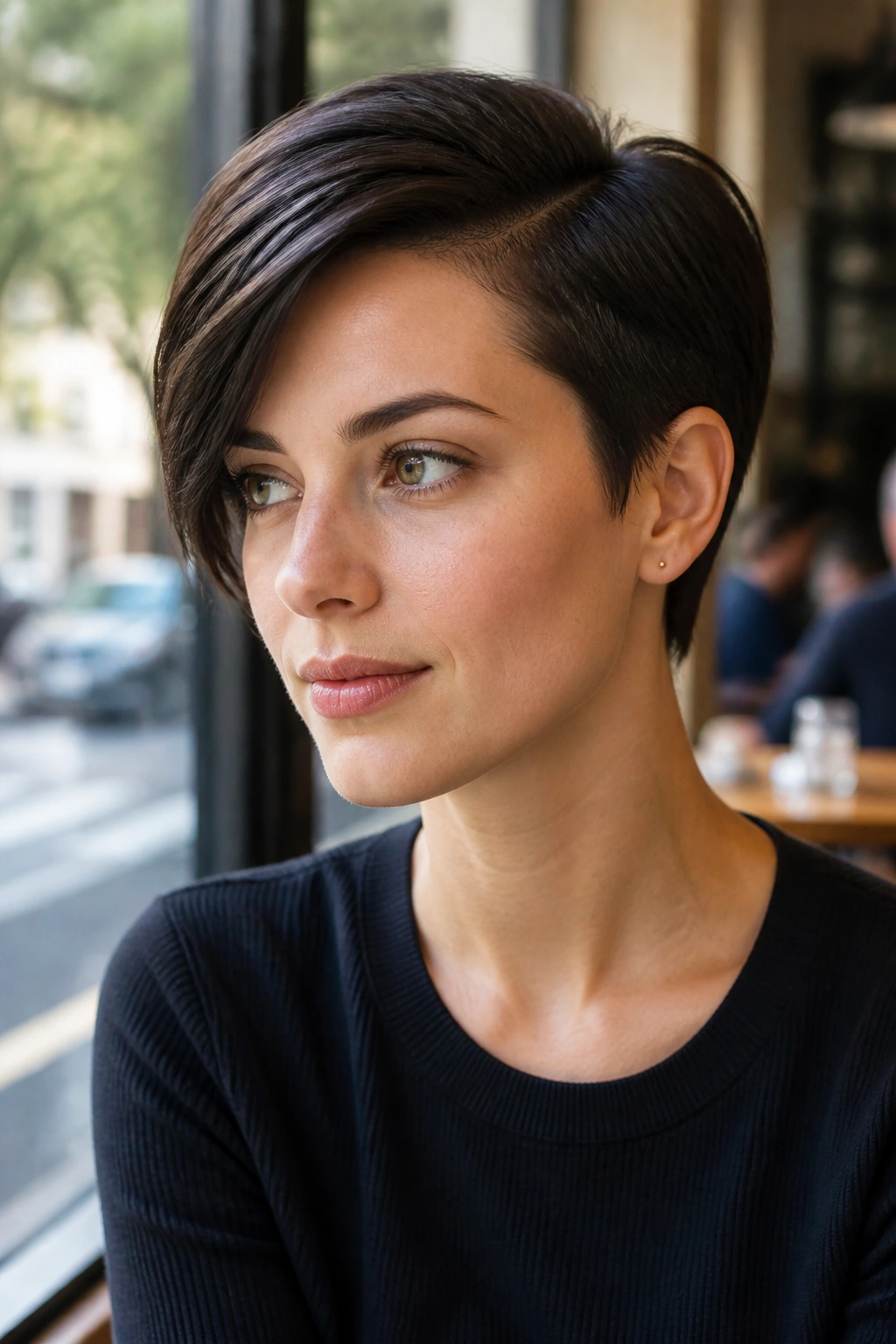 Woman with a sleek side-part pixie hairstyle in a cafe setting