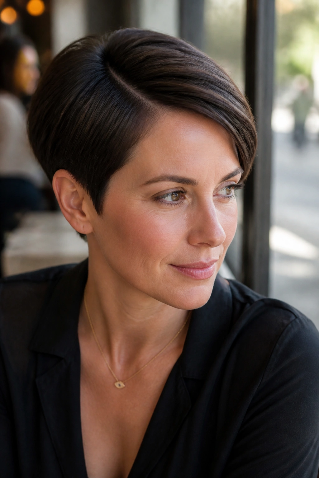 Portrait of a real woman with a sleek pixie and deep side part in daylight