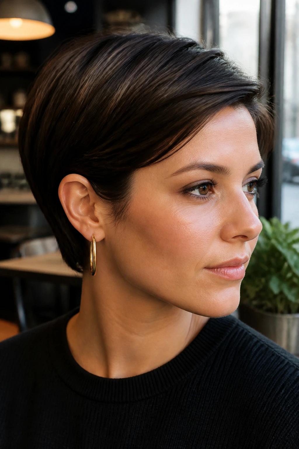 Close-up of a real person with a sleek tucked-behind-the-ear pixie