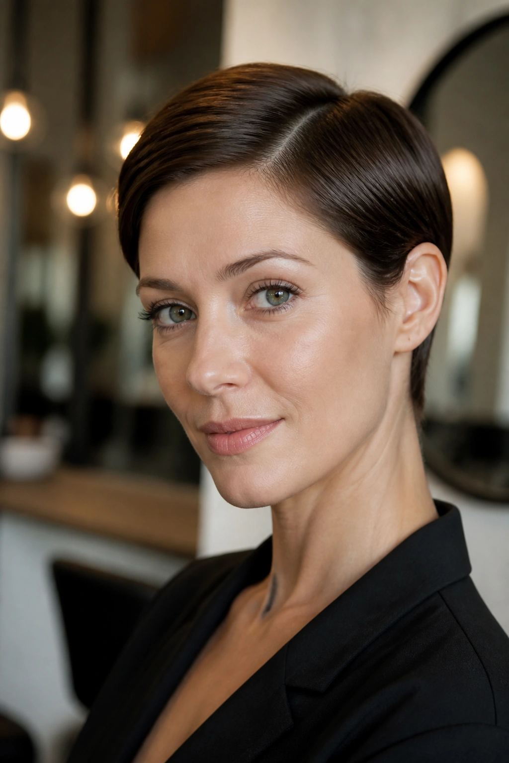 Close-up of a woman with sleek pixie tucked sides and glossy shine