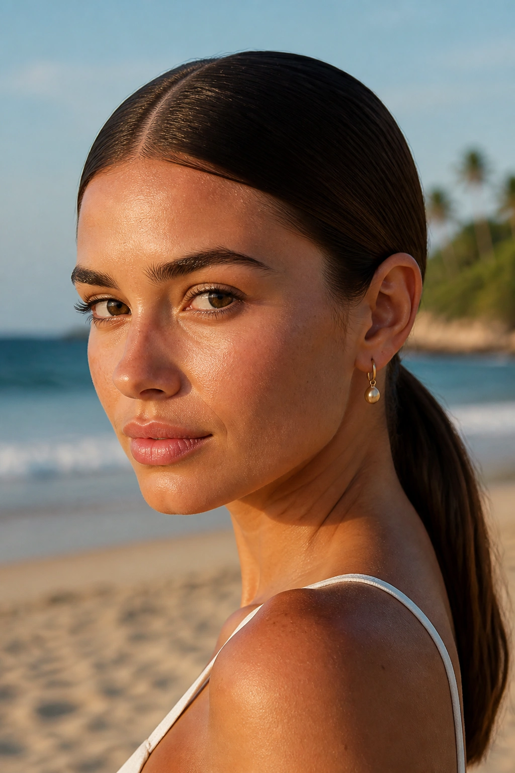 Close-up of a real woman with a sleek center-part low ponytail at the beach.