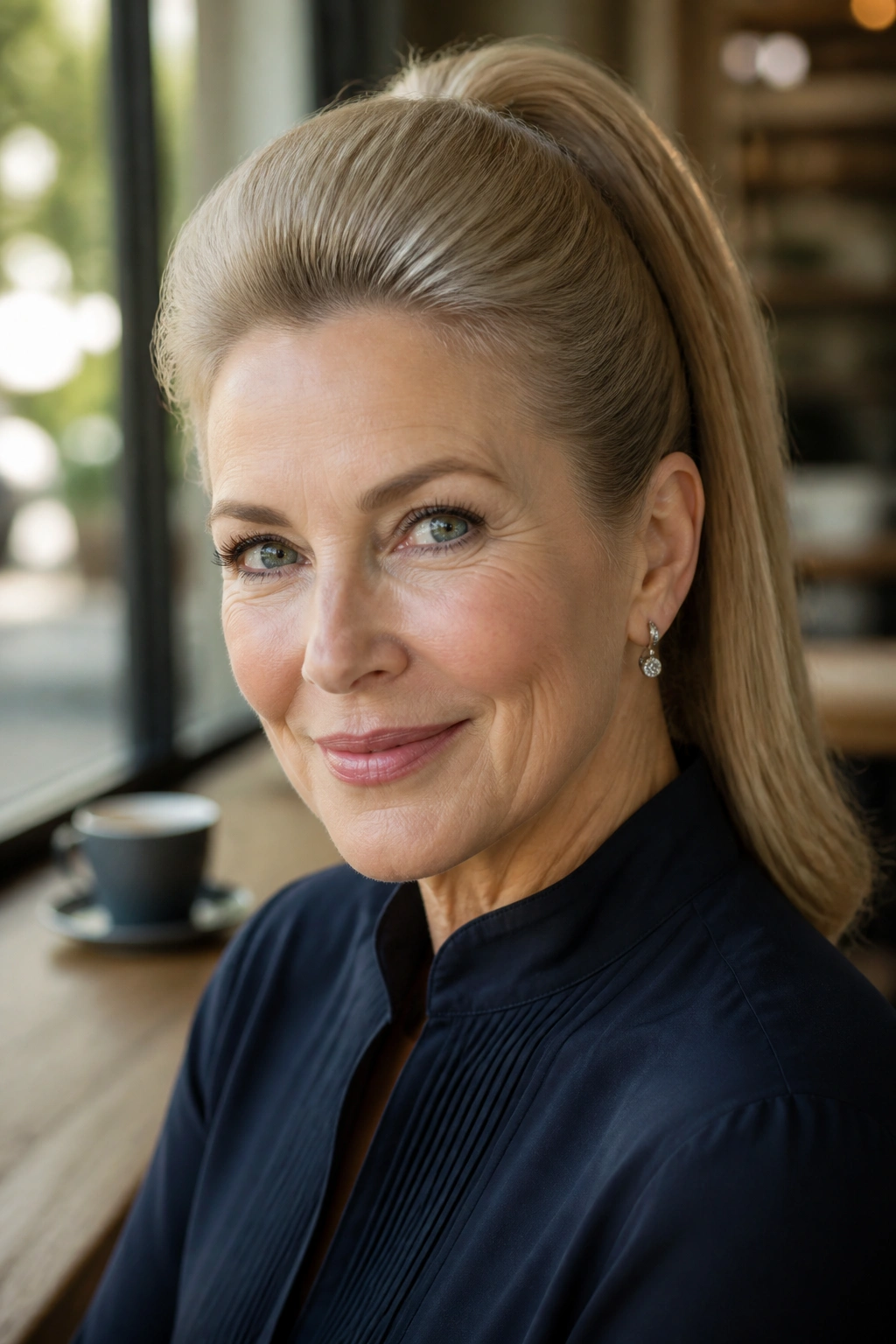 Portrait of a woman with a sleek ponytail and crown volume.
