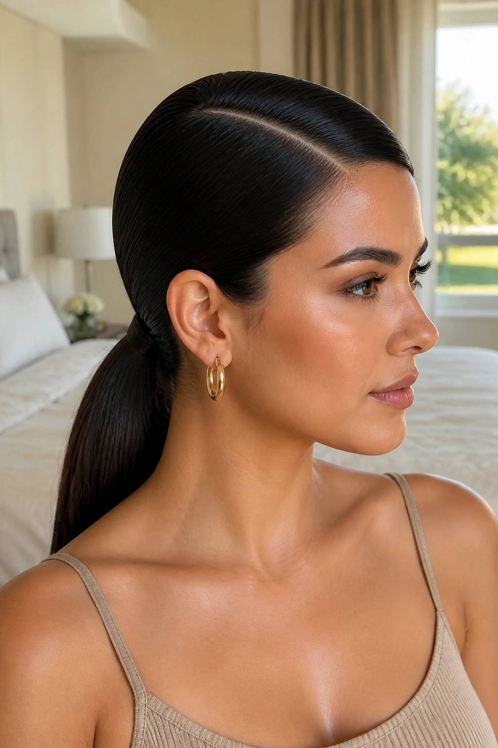 Close-up of a real woman with a deep side part and sleek low ponytail at the nape