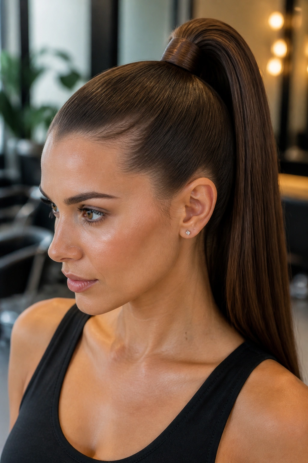 Close-up of a real woman with a sleek high ponytail and wrapped base
