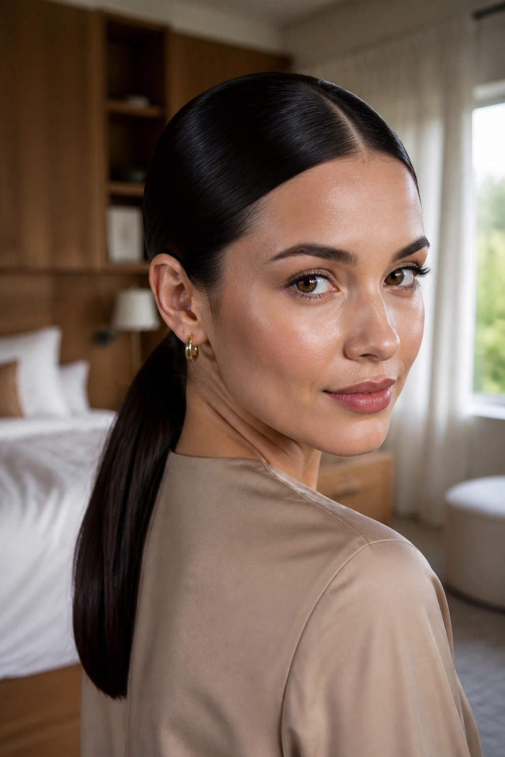 Close-up of a real woman with a sleek middle-part ponytail at the nape