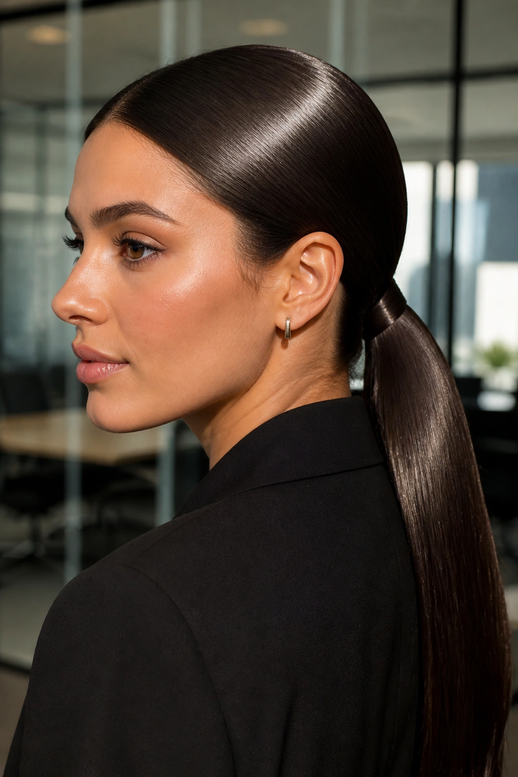 Close-up of a real woman with sleek glass-finish low ponytail in a modern office