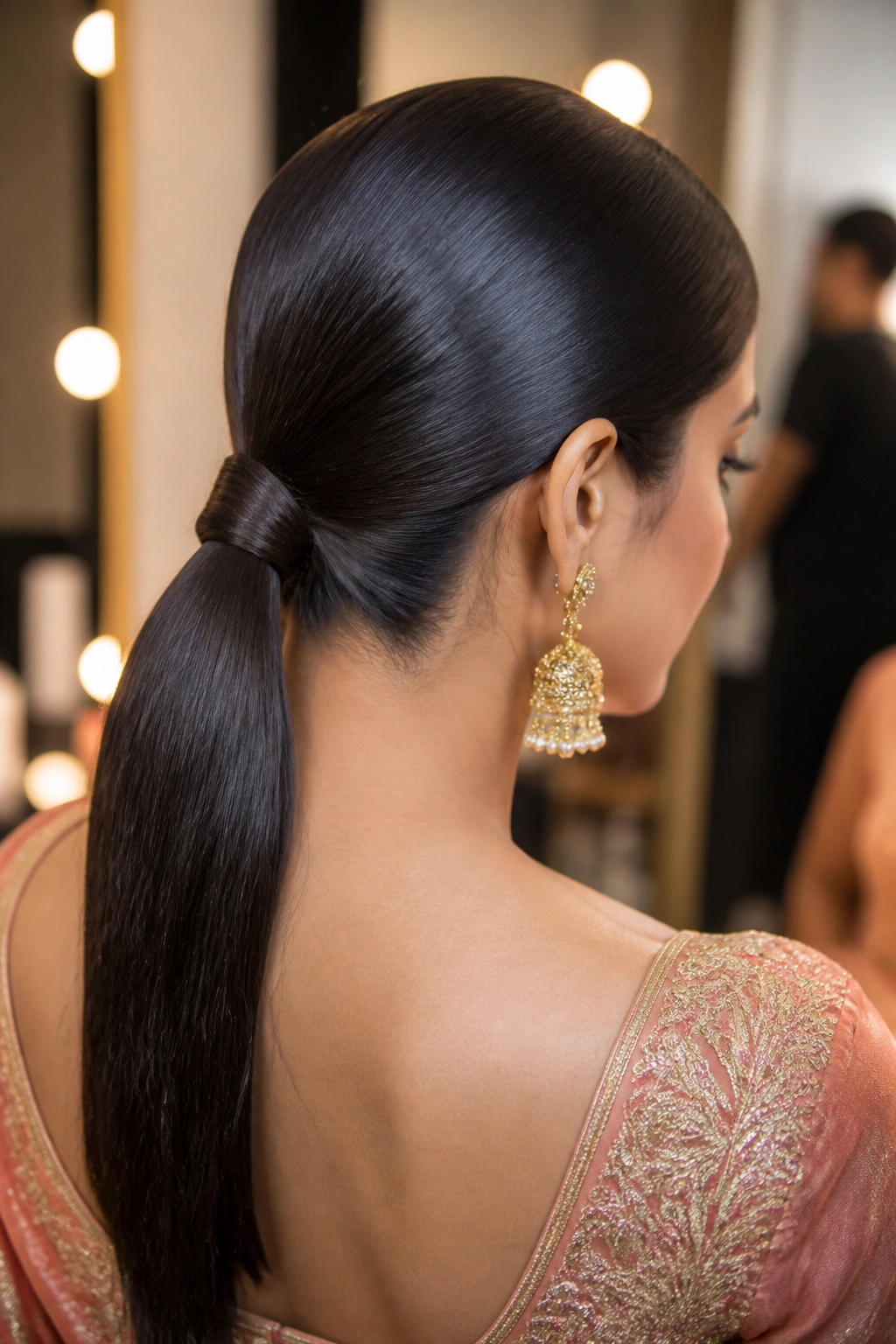 Close-up of Sleek Low Ponytail With a Wrapped Base hairstyle on a real woman in saree