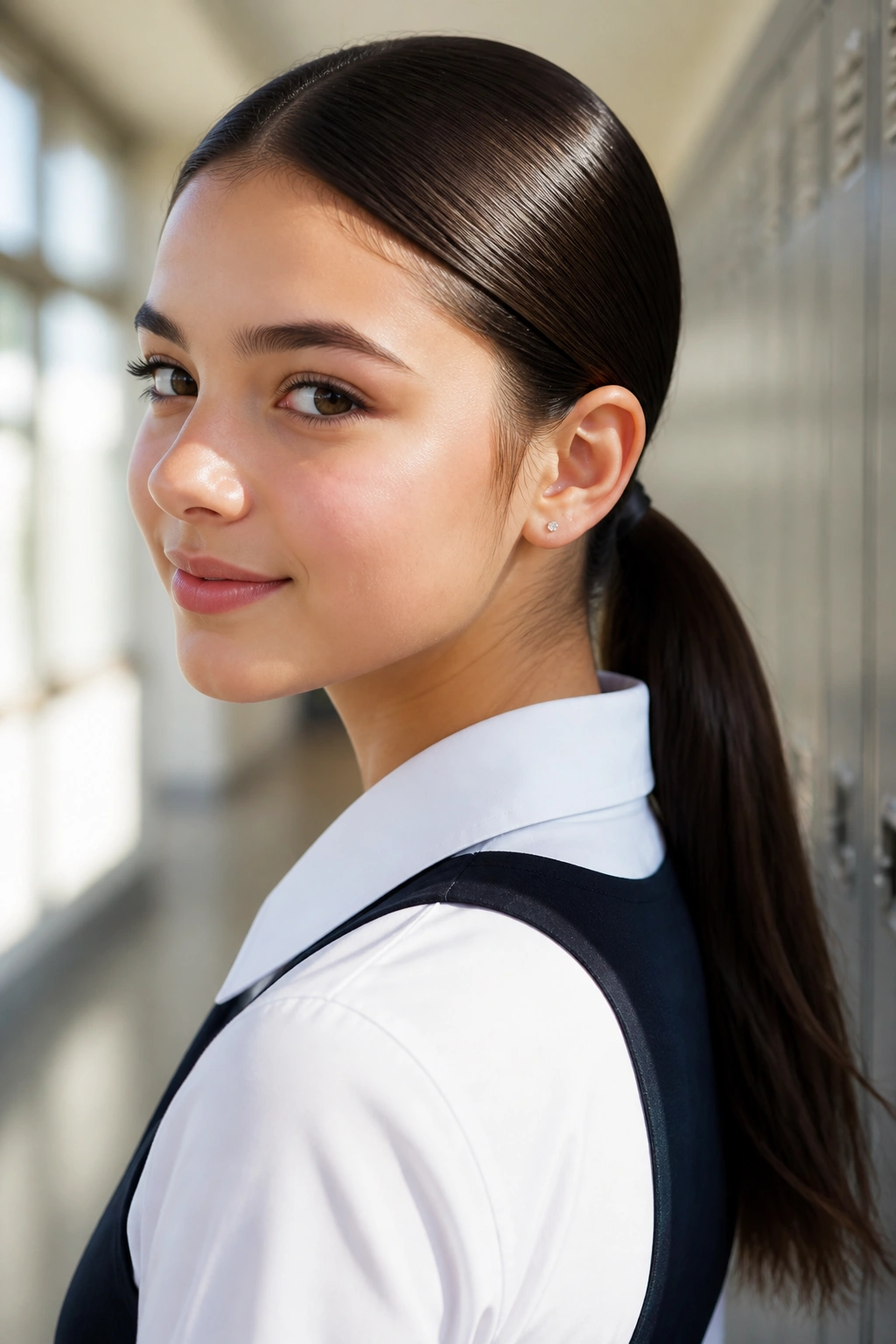 Close-up of a real student wearing a sleek low ponytail at the nape in a school hallway.