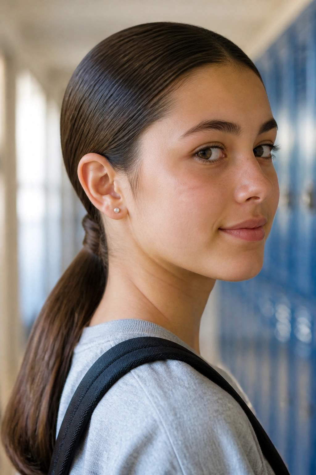 Close-up of a real student with a sleek low ponytail at the nape of the neck