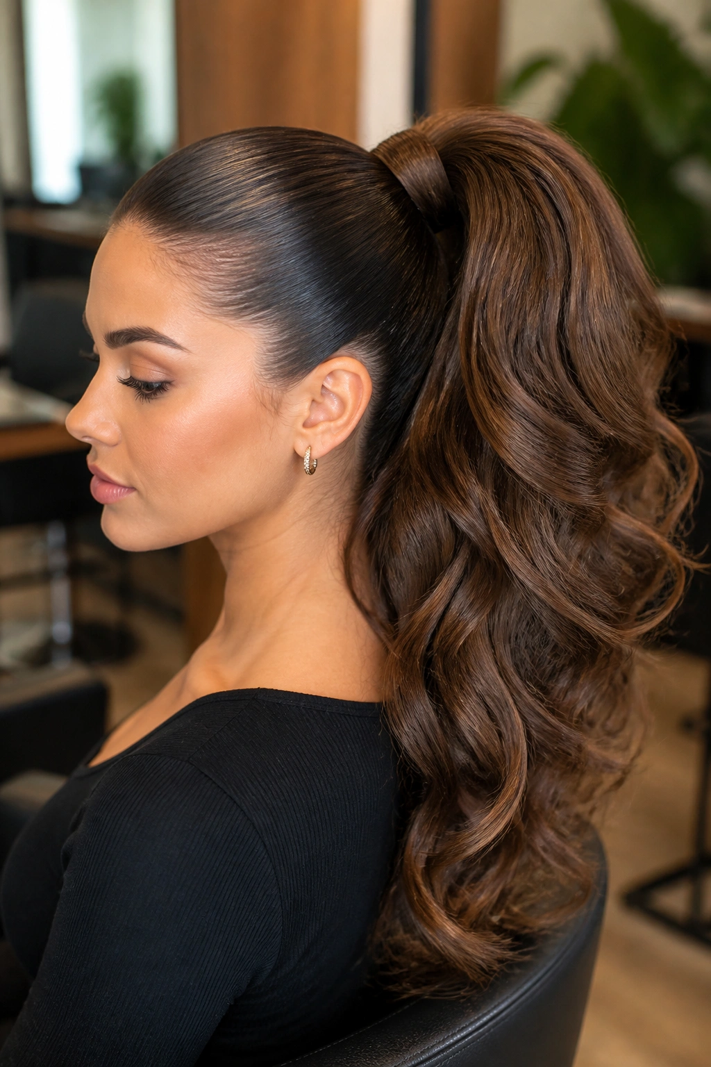Close-up portrait of a real woman with a sleek front ponytail and a huge voluminous tail