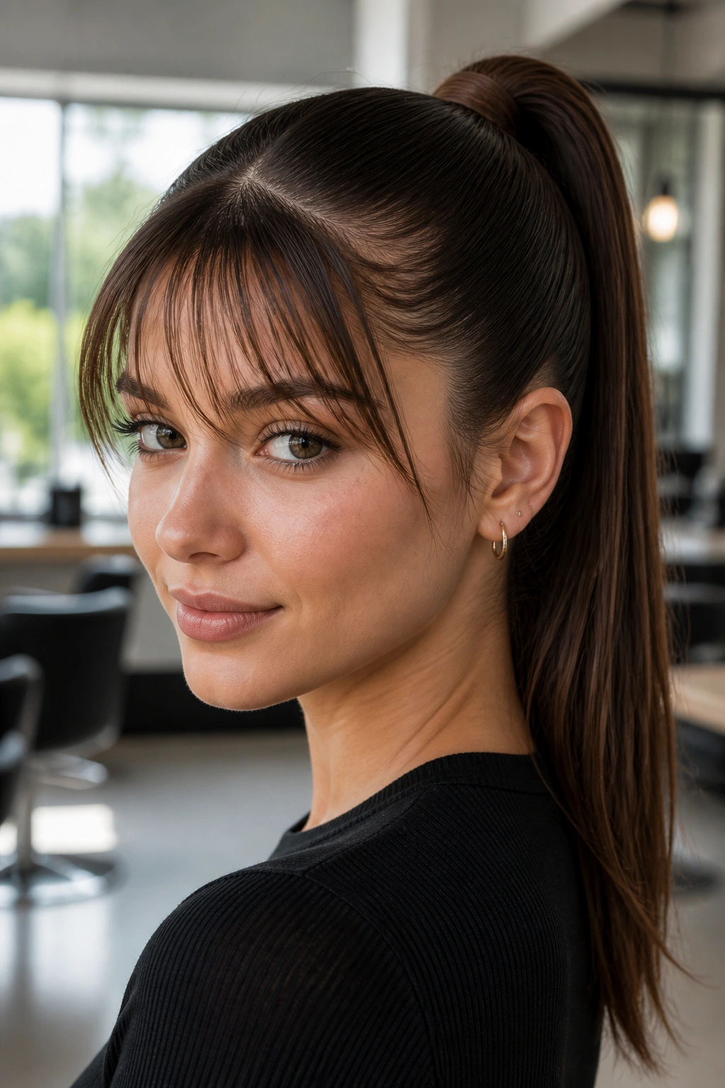 Real person with sleek high ponytail and wispy bangs in a modern salon
