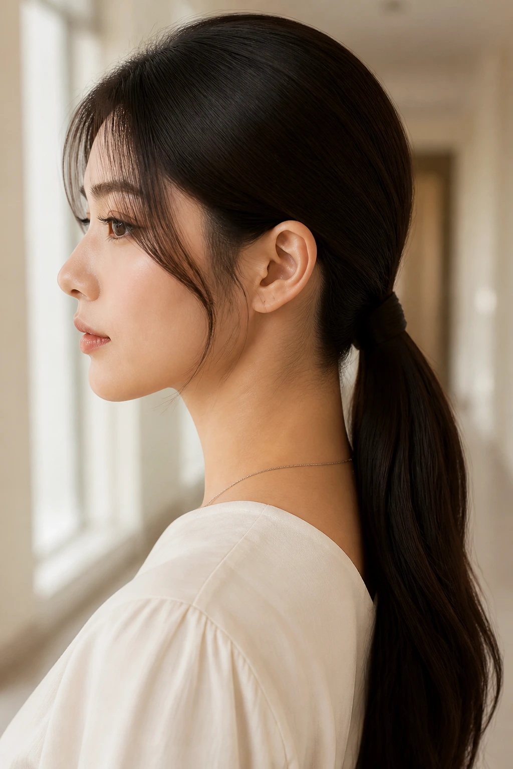 Close-up of a real woman with a sleek low ponytail and wrapped base.